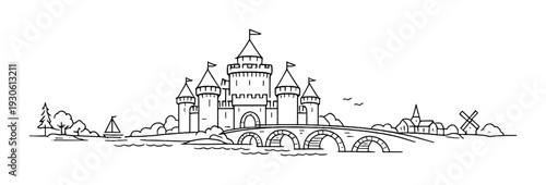 Medieval castle with arched stone bridge and riverside village outline for design, card, poster, background