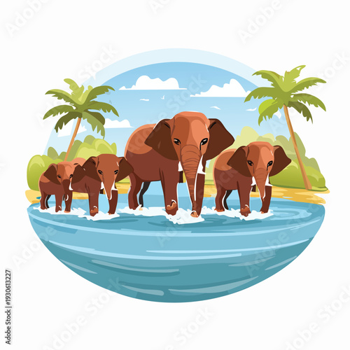 Family of elephants walking in water near tropical trees