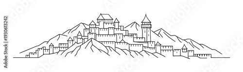Mountain fortress castle with illuminated turrets and rocky skyline for design, card, poster, background