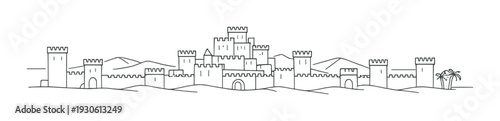 Long fortified desert castle wall with towers and palm oasis outline for design, card, poster, background