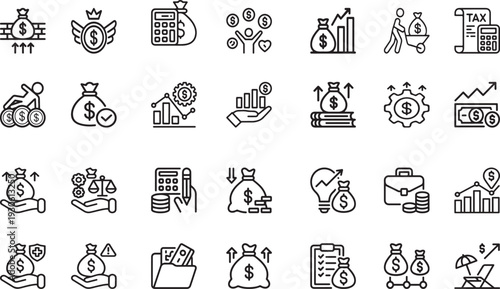 money finance investment icons, black outline vector growth savings design