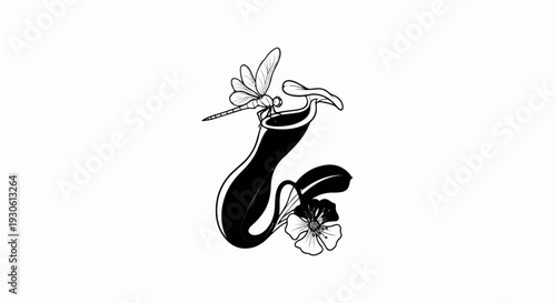 Stylized illustration of a carnivorous plant pitcher with a dragonfly