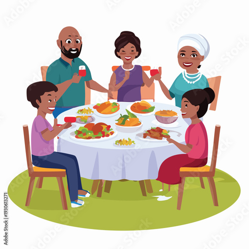 Family meal gathering around a table enjoying food and drinks