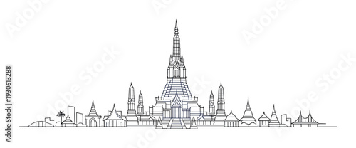Thai temple skyline outline with central pagoda spire and traditional pagodas for background, poster, banner and design use