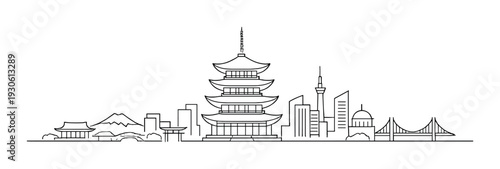 Asian city skyline with pagoda, mount fuji and modern towers with bridge for design, card, poster, background