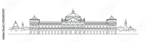 City skyline architectural line art background with classical palace domes and arcades minimalist monochrome layout for design poster and website banner
