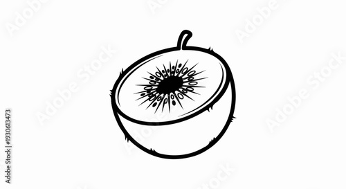 Stylized linocut of a sliced kiwi fruit on a white background