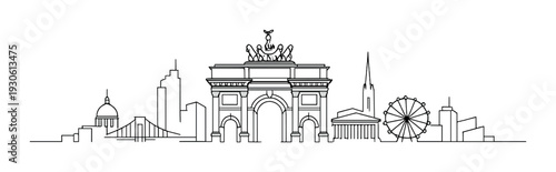 City skyline architectural line art background with triumphal arch columns ferris wheel and classical domes minimalist monochrome design for poster and website banner