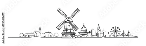 Minimal monochrome skyline with traditional windmill and ferris wheel for design, poster, background