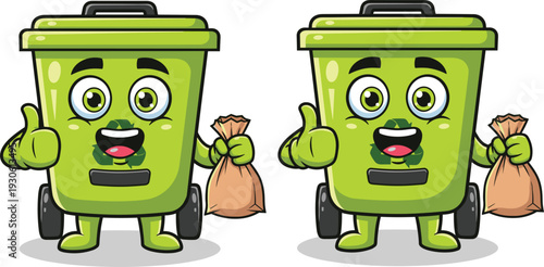 Cute green recycling bin cartoon characters, holding trash bags, giving thumbs up, eco friendly waste management, environmental sustainability, vector illustration set.
