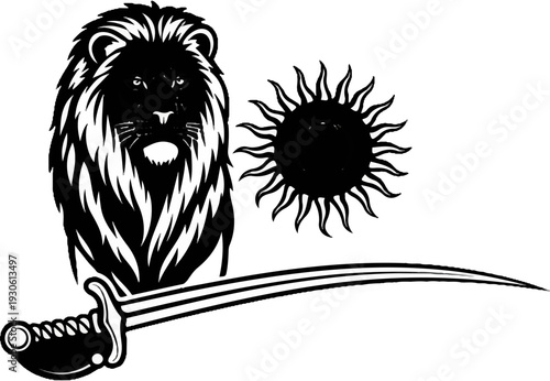 Stylized lion head, sun symbol, and curved saber on white background