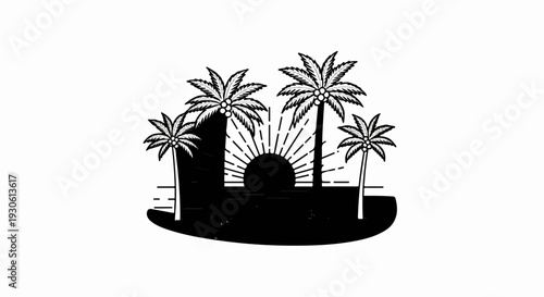 Stylized tropical sunset with four palm trees on a beach