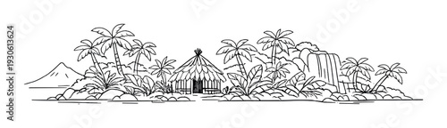Tropical island jungle hut with waterfall and palm trees line drawing for design banner poster header and background