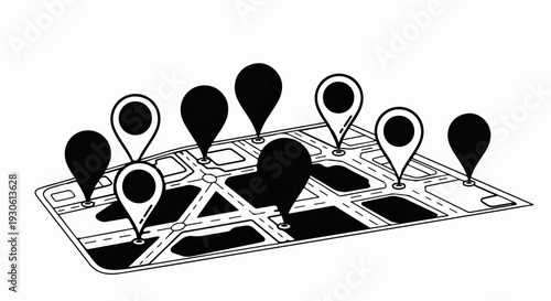 Stylized map with multiple location pins marking various points of interest