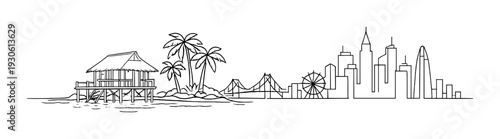 Seaside island hut and distant urban skyline line art background for design banner poster header and website layout