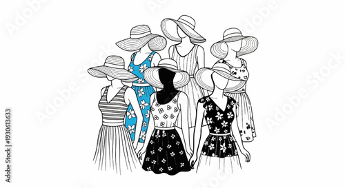 Stylized figures in wide-brimmed hats and patterned dresses