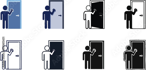 Stylized figures knocking on doors in various artistic styles