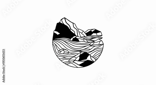 Stylized monochrome depiction of mountainous water scene with rocks