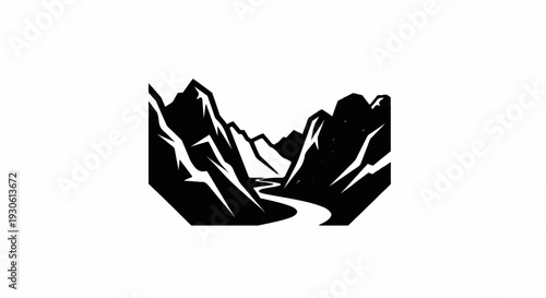 Stylized monochrome mountain valley with a winding river