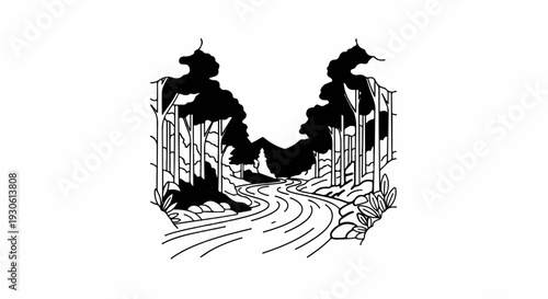 Stylized forest path with winding river and distant mountains