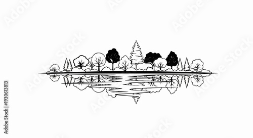 Stylized forest and reflection in water line art illustration