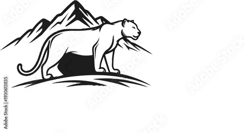 Stylized mountain cat silhouette on a rugged outline