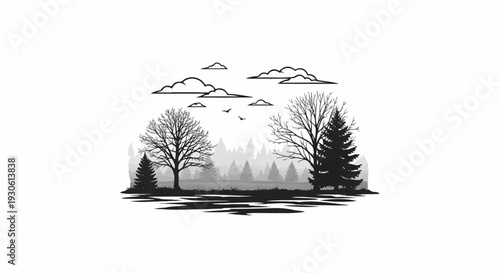 Stylized forest scene with bare and evergreen trees, birds, and clouds