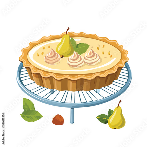 Delicious baked tart with pear topping on cooling rack