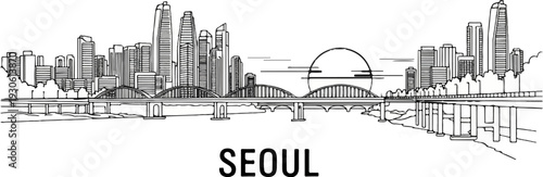 Stylized sketch of a city skyline with a bridge over a river and a sun