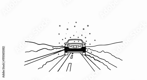 Stylized view of a car driving down a road on a snowy day