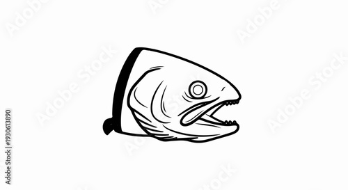 Stylized illustration of a fish head with open mouth and sharp teeth