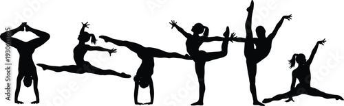 Dance silhouettes forming letters, creative typography vector illustration, gymnastic poses, artistic movement design, performance art concept, human body alphabet artwork