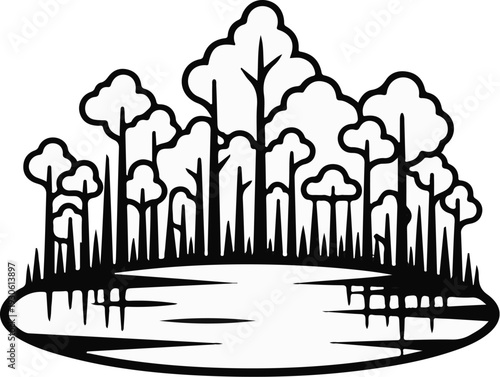 Stylized forest with dense trees reflected in a calm body of water