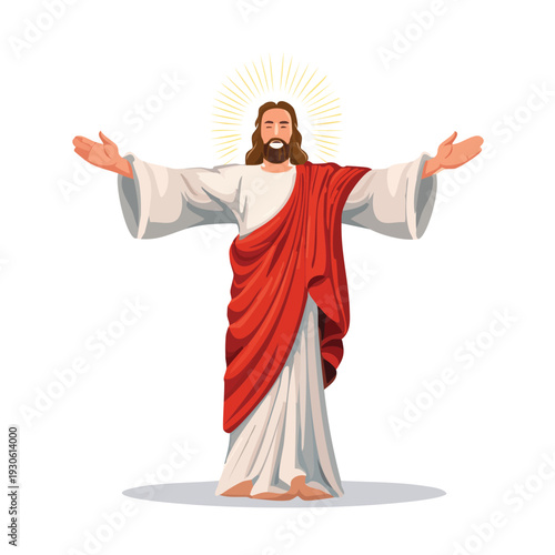 Figure with outstretched arms and radiant halo isolated