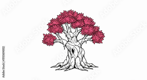 Stylized, gnarled tree with bright pink, fluffy foliage