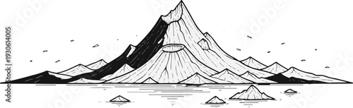 Stylized volcanic mountain range reflected in calm waters under a scattered sky