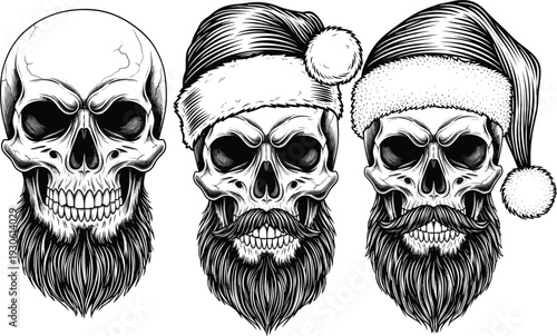 Engraved Skull Collection with Beard and Santa Hat Vintage Hand Drawn Gothic Skeleton Illustration for Christmas and Halloween Design