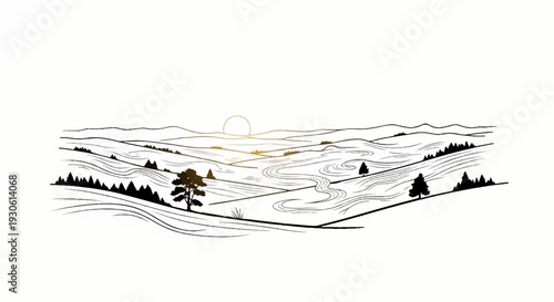 Stylized, graphic depiction of rolling hills with a river at sunrise