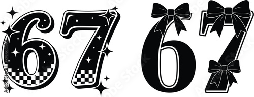 Decorative number 67 vector illustration with sparkles, bows, festive design elements, creative typography artwork, stylized digits, celebratory graphic composition