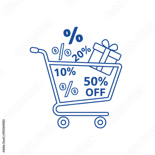 Shopping cart filled with discounts and gift box.
