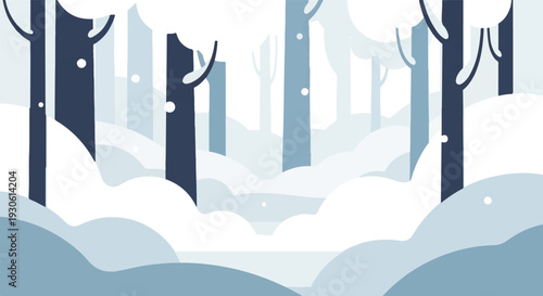 Stylized winter forest scene with dark trees and soft snowdrifts
