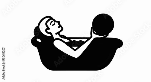 Stylized graphic of a person relaxing in a bathtub holding a sphere