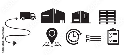 Logistics and delivery service vector icons with truck map and warehouse for shipping
