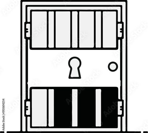 Stylized outline of an antique safe with keyhole and compartments