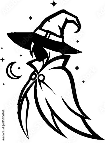 Stylized wizard in a pointed hat and flowing cloak, under a crescent moon