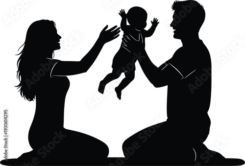 Family silhouettes vector illustration, parents with child, bonding moment, love, care, affection, playful joy, parenting design, minimalistic art, black