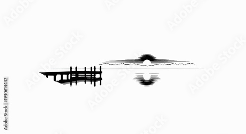 Stylized sunset over water with a silhouette pier and reflections