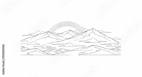 Stylized mountain range with clouds and a rainbow arc