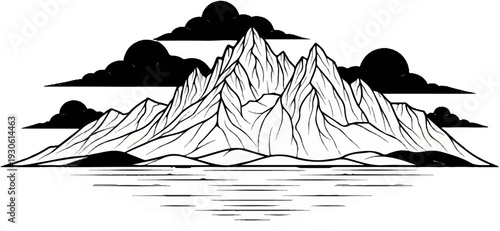 Stylized mountain range with dark clouds and rippling water