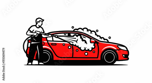 Stylized illustration of a person washing a red car with a pressure washer and soap